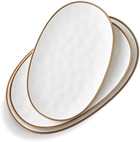 Ceramic Oval Serving Platter with Brown Rim: 15.6/14.3/12.9 Inch Large Serving Dishes for Entertaining Party, Turkey, Steak, Ham, Microwave Dishwasher Safe