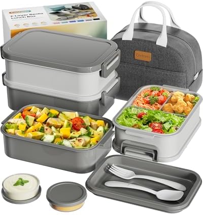 Adults Bento Box with Insulated Lunch Bag, 74oz Capacity 3 Stackable Leak-Proof Bento Box Built-In Utensil and Sauce, PFAS & BPA-Free, Microwave & Dishwasher Safe (Dusk Gray)