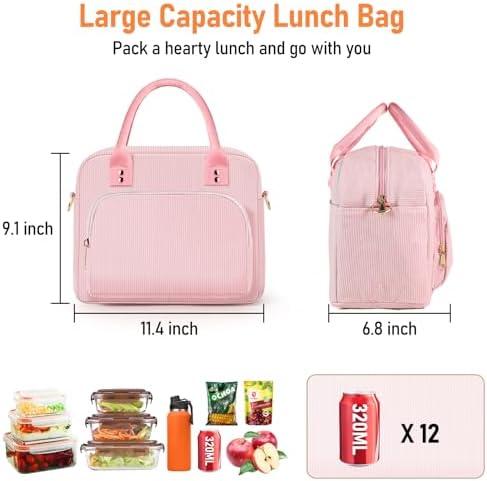 Lunch Bag Large Insulated Lunch Box for Women Men Adult Cute Pink Lunchbox Corduroy Lunch Bags Boxes Pail with Adjustable Shoulder Strap for Work Mom Picnic Office Travel 11.4×6.8×9.1 inches 11.5L