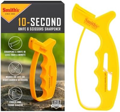 Smith’s JIFF-S 10-Sec Knife & Scissors Sharpener - Right & Left-Handed Scissors - Carbide Blades - Outdoor Sharpener for Pocket, Hunting, Fishing & Kitchen Knives - Handheld Pullover Sharpener
