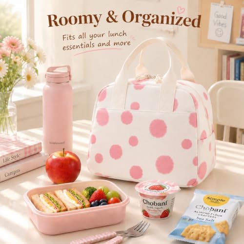 LOVELYWIND Lunch Box for Women, Insulated Lunch Bag, Pink Dot Tote