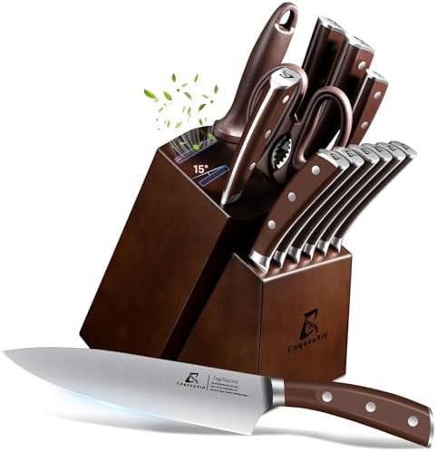CoquusAid 15-Piece Kitchen Knife Set with Rubber Wood Block, New Upgrade