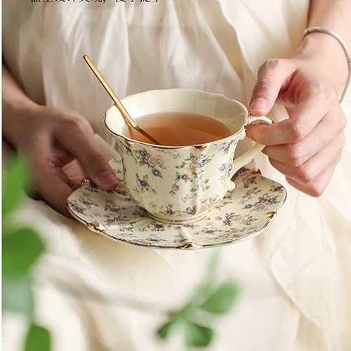 TATSUMI Country Roses Bone China Tea Cup and Saucer Set, 3 Pieces, Vintage Style, For Women and Tea Parties(yellow,1 Set)