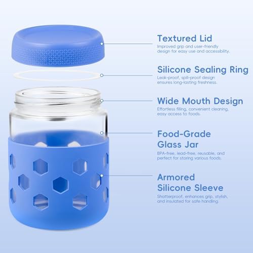 Gemice 6-Pack 16 oz Overnight Oats Containers with Lids and Silicone Sleeves, Glass Mason Jars with Airtight Lid, Dishwasher Safe, Wide Mouth Chia Seed Pudding Meal Prep Jar for Yogurt Berries Snack