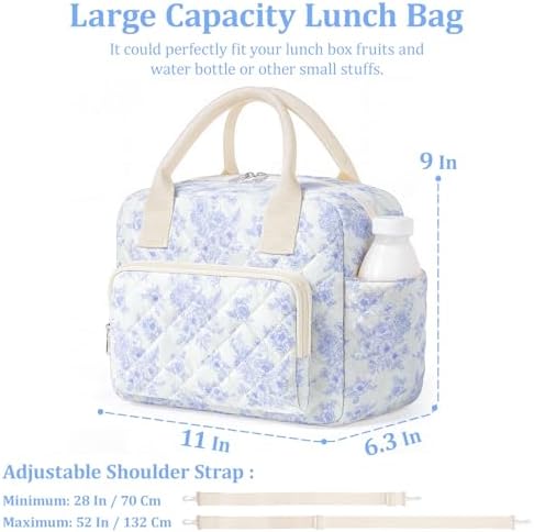 WOBAGMEN Quilted Lunch Box for Women,Large Floral Insulated Lunch Bag with Multiple Pockets,Adjustable Strap,Reusable Lunch Tote Box for Work Picnic Travel (Elegant Blue Floral, M)
