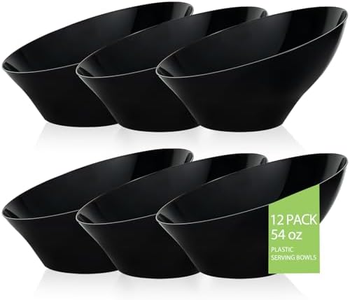 BESTVIP 54 Oz Black Plastic Angled Serving Bowls, 12 Pack