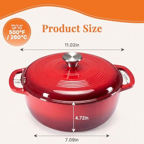NEWBULIG Cast Iron Dutch Oven, 6 Quart Enamel Dutch Oven Pot with Lid, Heavy Duty Cookware for Sourdough Bread, Braising, Stews, Roasting, Safe up to 500°F, Red