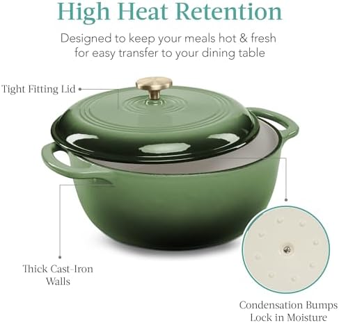 Best Choice Products 7.5 Quart Enamel Cast-Iron Round Dutch Oven, Family Style Heavy-Duty Pre-Seasoned Cookware for Home, Kitchen, Dining Room, Oven Safe w/Lid, Dual Handles - Deep Olive Green