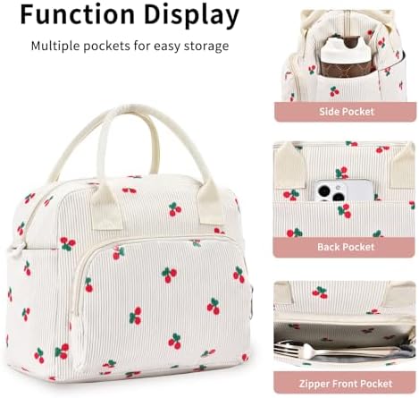 Lunch Bag Women Lunch Box for Women Adult Cute Insulated Lunch Bag Lager Cooler Lunch Tote Bags for Work Picnic (Beige-Cherry)