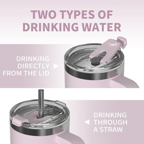 30 oz Tumbler with Handle,Tumbler with Lid and Straw,Double Wall Insulated Cup Stainless Steel Travel Mug(Cold for 34 Hours),Water Bottle for Iced Tea,Coffee,Cold Beverages(Rose Quartz)