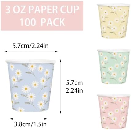 RUSPEPA 3oz Floral Paper Cups, 100 Pack Blue Pink Green Yellow Daisy Design Disposable Small Party Cups for Bathroom, Mouthwash, Wedding, Bridal Shower, Baby Shower, Garden Tea Party Supplies