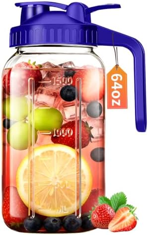 64oz Glass Pitcher with Lid & Spout – 2 Quart Mason Jars, Airtight & Leakproof Breastmilk Pitcher for Cold Brew Coffee, Sun Tea, Water, Juice – Wide Mouth, Fridge Safe