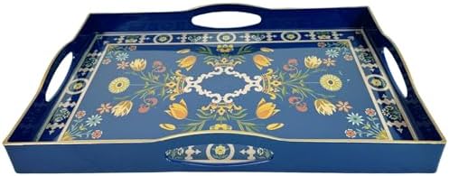 Boho Blue Decorative Tray, Serving Tray with 4 Handles, Plastic Tray for Coffee Table, Ottoman - Ideal for Living Room & Bathroom. 15” x 11” x 1.9”