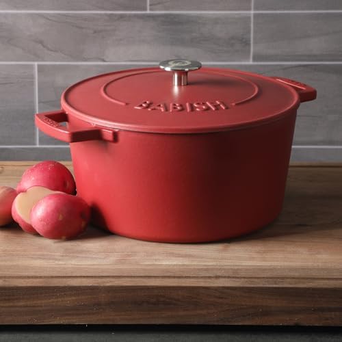 Babish 6-Quart Round Enameled Cast Iron Dutch Oven with Lid – Red, Heavy-Duty Dutch Oven for Slow Cooking, Braising & Baking