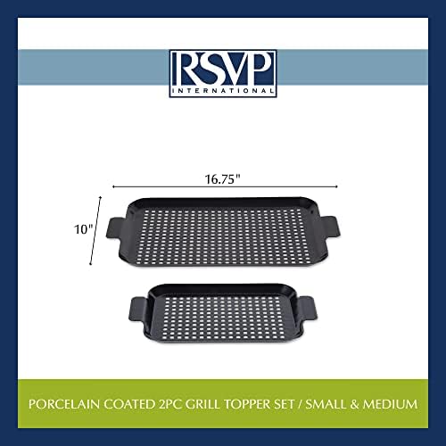 RSVP International Porcelain Coated Steel BBQ Grill Tray/Pan, Outdoor Barbeque Grilling Accessories for Cooking Fish & Vegetables, Dishwasher Safe, Small, 13x7.25/Medium, 16.75x10"