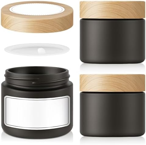 3 Pack 2 OZ Matt Black Small Glass Jars with Plastic Woodgrain Lids