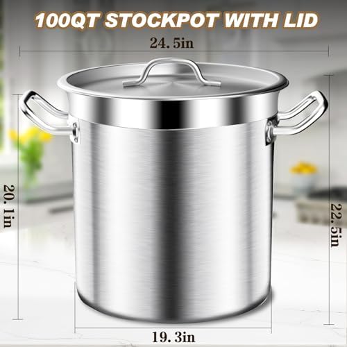 Large Stock Pot - 100QT Stainless Steel Stockpot with Lid, Heavy Duty Tri-Ply Bottom Commercial Grade Soup Pot for Cooking Soup, Stew, Canning, Oven, Gas, Ceramic, Dishwasher Safe