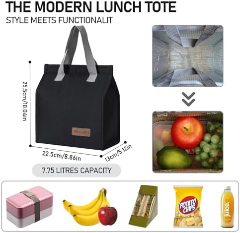 TELLUMO Insulated Lunch Bag for Men Women, Large Reusable Leakproof Lunch Box Container, Small Portable Thermal Snack Bag, Reusable Travel Office Work Beach Black Cooler Tote Bag for Adults, Dark