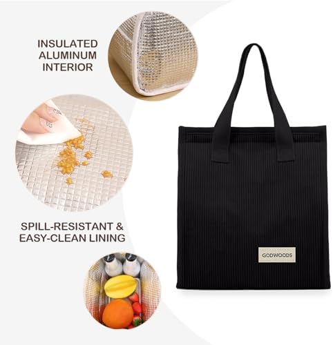TELLUMO Corduroy Insulated Lunch Bag, 7.75L Large Capacity Reusable Lunch Box, Cute Lunch Tote for Women Men, Leakproof Lunch Cooler for Work Picnic Travel (Corduroy Black)