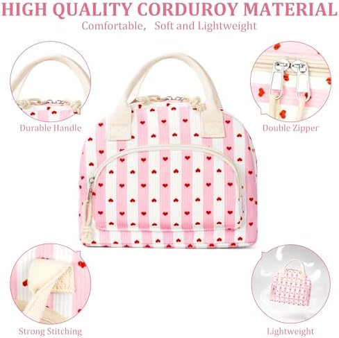 TESAFNG Lunch Bag - Insulated Lunch Box for Women, Reusable Large Capacity Cooler Bag for Adult, Small Leakproof Cute Corduroy Lunch Tote for Work Office Travel Picnic (Striped Pink Heart)