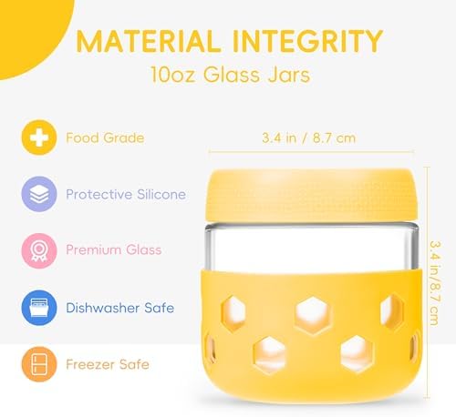 Gemice 6-Pack 10oz Glass Mason Jars with Silicone Sleeves, Airtight BPA-Free Overnight Oats Containers with Lids, Dishwasher Safe Leak-Proof Meal Prep Jars for Chia Pudding, Yogurt, Snacks