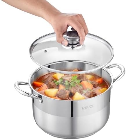 VEVOR Stainless Steel Stock Pot, 8QT Stainless Steel Stockpot with Glass Lid, PFOA-Free, PFAS-Free, Compatible with Gas Stoves, Induction Cooktops, Electric Stoves, for Soups, Stews, and Pasta
