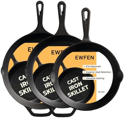 EWFEN Cast Iron Skillet 3-Piece Set, 8", 10" & 12" Pre-Seasoned Frying Pans, Heavy-Duty Professional Restaurant Chef Quality Cookware w/Drip Spout, Indoor & Outdoor Use, Oven, Stove, Grill & Campfire