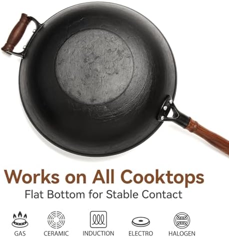 WANGYUANJI Cast Iron Wok Pan with Lid, 14.2 Inch Large Flat Bottom Uncoated Stir Fry Skillet, Heavy Duty Chinese Iron Pot for 4-6 People, Detachable Walnut Handle, Induction & Gas Safe