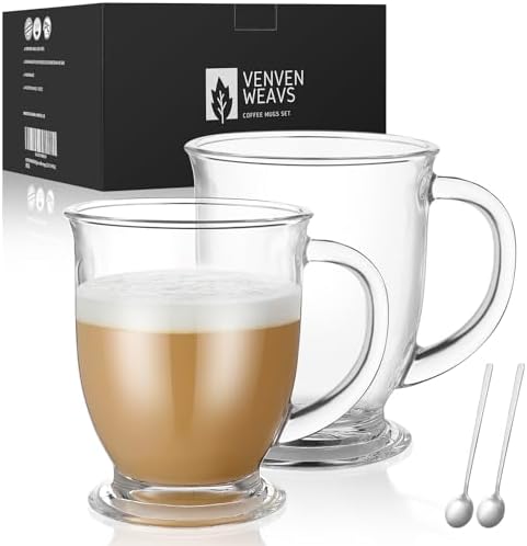 VENVENWEAVS Glass Coffee Mugs Set of 2,15 OZ Lead-free Clear Coffee Cups For Cappuccino,Latte,Tea,Glass Coffee Cups with handles
