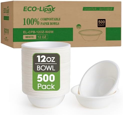 ECOLipak 500 Pack 12 oz Paper Bowls Disposable, Compostable Bowls, White