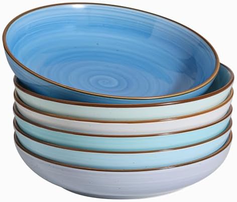 Y YHY 8.5'' Pasta Bowls Set of 6, 30 oz Ceramic Shallow Salad Bowls, Large Serving Soup Bowls Pasta Plates, Microwave & Dishwasher Safe Dinnerware Valentine's Day Gift, Gradient Blue