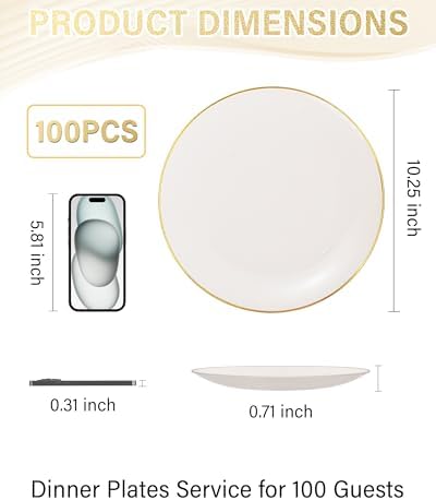 Nervure 100PCS Ivory and Gold Plastic Plates 10.25″ Disposable Dinner Plate