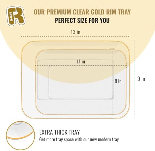3 Pack Plastic Serving Trays for Party - Gold Serving Tray 8 x 11 Inch - Heavy Duty Dessert Trays for Food - Rectangular Party Serving Trays for Entertaining - Clear Cookie Platters