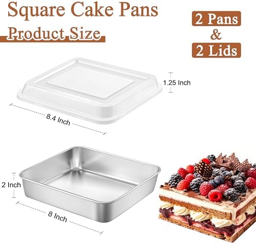 LIANYU 8 x 8 Square Baking Pan with Lid, 8 Inch Stainless Steel Cake Pan