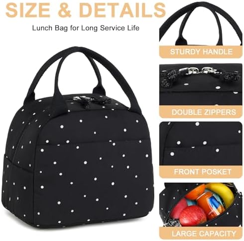 Bluboon Lunch Box for Women Cute Lunch Bag Reusable Insulated Lunch Bags Large Capacity Lunchbox Cooler for Work Picnic or Travel Gifts (Polka Dot Black, 10 x 7.5 x 8 inches)