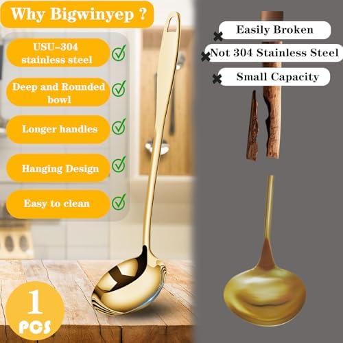 Soup Ladle, Gold Ladles for Serving, 304 Stainless Steel,12.2Inch