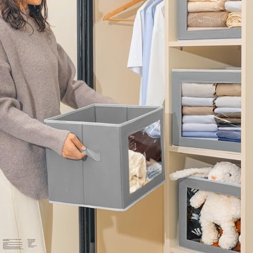 Homsorout Storage Bins with Lids, 3 Pack Large Storage Cubes with Window, Closet Bins with Lids & Handles, Fabric Box for Organizing Clothes, Towels, Books, Grey