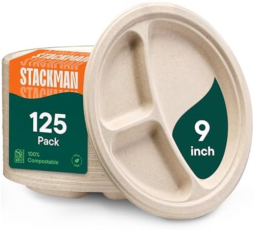 100% Compostable, 3 Compartment, Disposable Paper Plates [125-Pack] 9 Inch Heavy Duty Biodegradable Bagasse Sectional Lunch Trays + Dividers - Divided Platte Tray (PFAS Free) (BPA Certified)