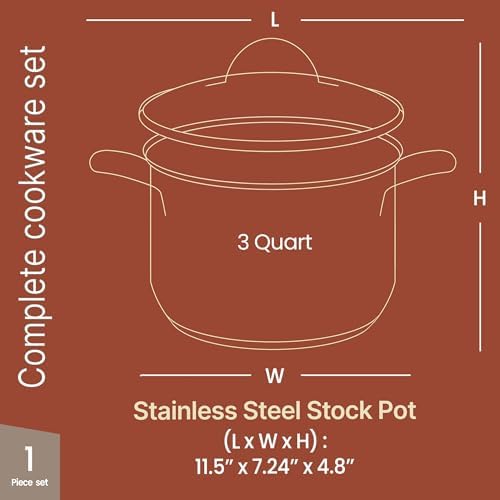 Stainless Steel Stockpot with Tempered Glass Lid 3 Quart, Durable 18/0 Stainless Steel, Impact-Bonded Base for Even Heating, Riveted Handles, Oven & All Stove Compatible, Safe Up To 500°F (260°C)