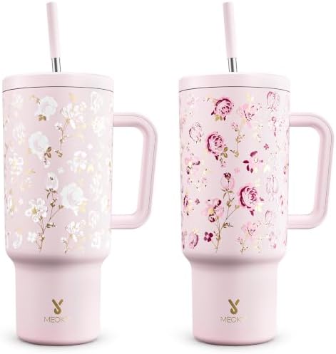 Meoky UV Color-Changing Tumbler: 40 oz Tumbler with Handle and Straw- Stainless Steel Insulated Tumbler for Car Cup Holders - Adults Women (1 Pack, Rose Manor)
