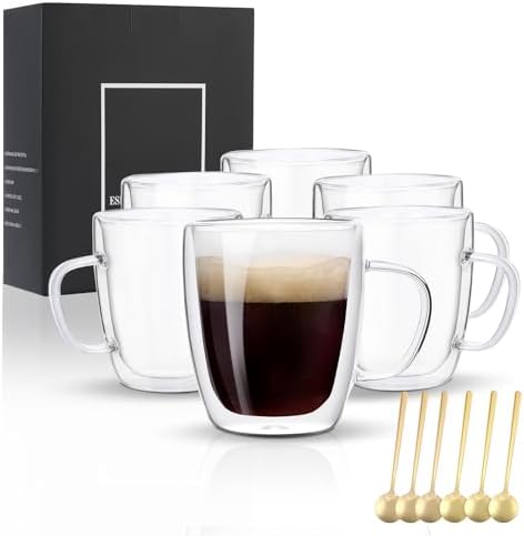 VENVENWEAVS Glass Coffee Mugs Set Of 6, 13.5 OZ Insulated Double Wall Coffee Cups, Perfect for Cappuccino, Latte, Americano, Tea Bag, Beverage,Glass Coffee Cups With Handles
