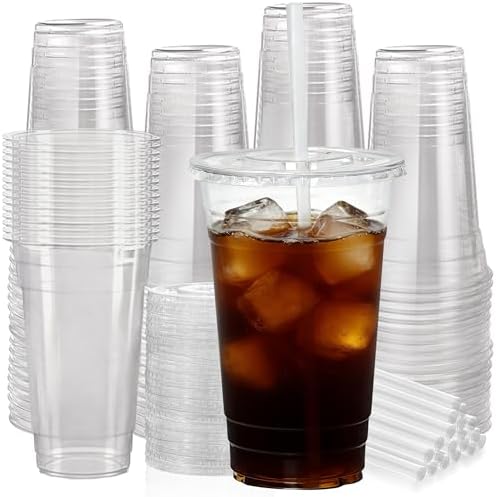 100 Pack 24 oz Leak-Proof Clear Plastic Cups with Lids and Straws