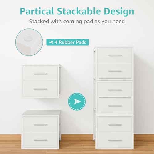 BOLUO Stackable Storage Drawers Narrow Closet Organizers and Storage Fabric White 2 Drawer Dresser for Bedroom 2 Packs Modern