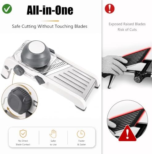 Safe Mandoline Slicer for Kitchen - All in One Adjustable Vegetable Slicer, Waffle Fry Cutter, Mandolin Vegetable Cutter for Potato, French fry, Carrot, Onions, 1 Pair Cut-Resistant Gloves Included