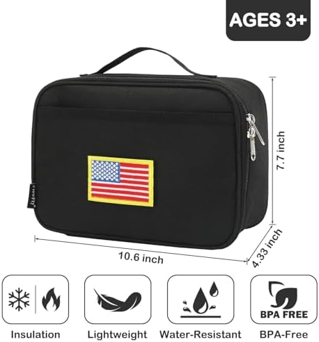 FlowFly Kids Lunch box Insulated Soft Bag Mini Cooler Back to School Thermal Meal Tote Kit for Girls, Boys, Black Free USA Flag Patch Included