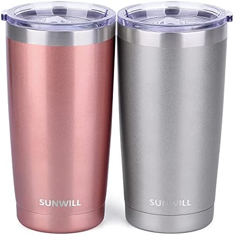 SUNWILL Travel Coffee Mug Set of 2, 20 oz Tumbler with Lid, Insulated Stainless Steel Cup for Water, Tea, Ice, Rose Gold & Cool Grey