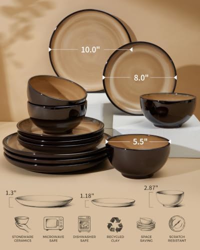 Pokini Stoneware Dinnerware Sets for 4, 12pcs Plates and Bowls Sets Dishes