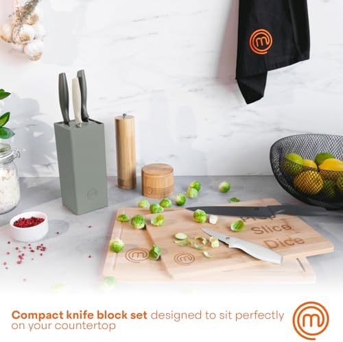 MasterChef Knife Set with Block, 7pc Kitchen Knives Set with Holder, Grey