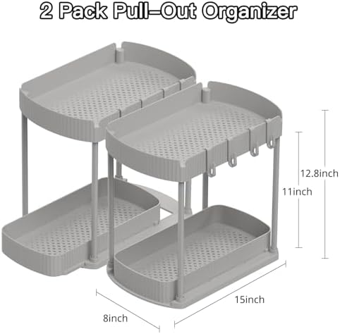 2 Packs Under Sink Pull-Out Storage Organizers, 12.8 Inches, Grey