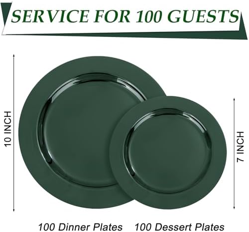 FLOWERCAT 200PCS Dark Green Plastic Plates Disposable Plates for Party - Heavy Duty Plastic Plates - 10" &7" Plate for 100 Guests New Year Parties and Events